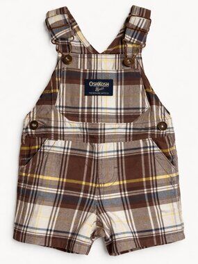 Vintage OshKosh B’Gosh Shortall Set 6M Plaid Baby Boy Overalls Retro Summer